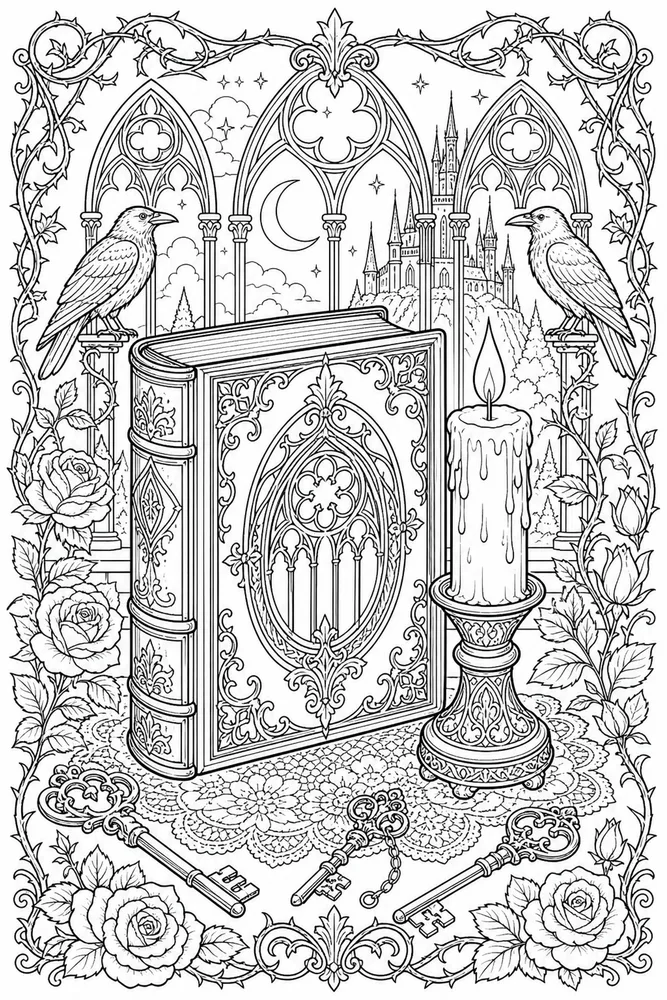 Gothic Adult Gothic Book And Candle printable coloring page