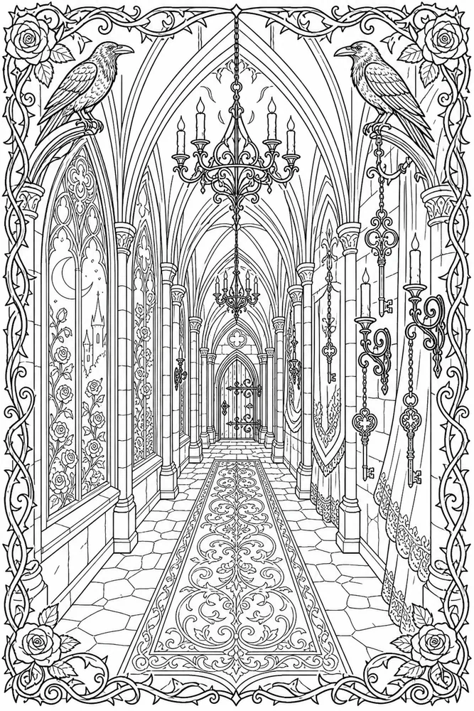 Gothic Adult Gothic Castle Hallway printable coloring page