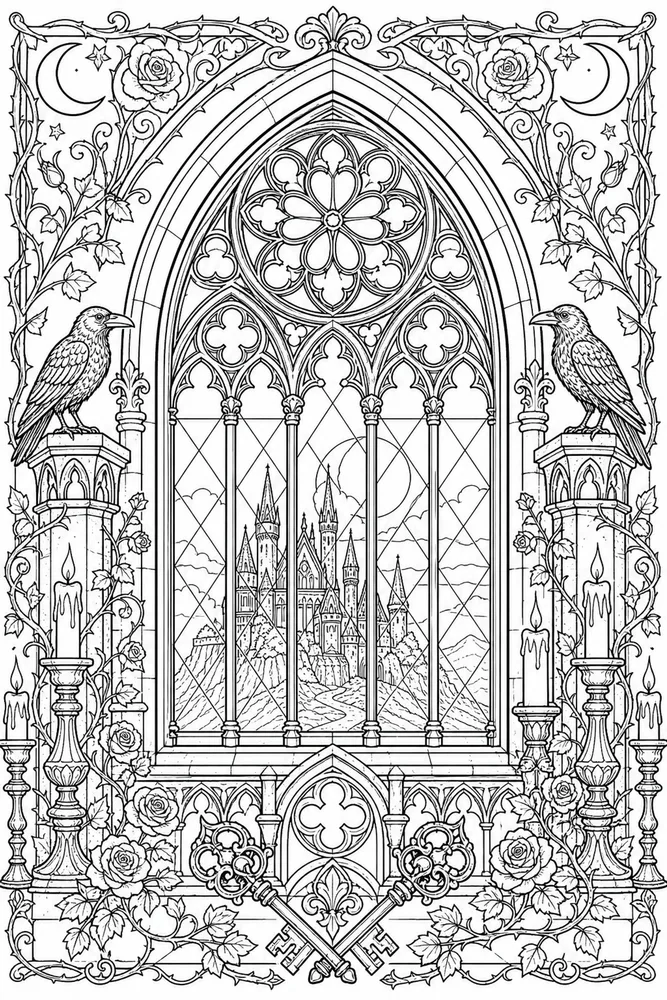 Gothic Adult Coloring Pages preview: Gothic Adult Gothic Cathedral Window printable coloring page
