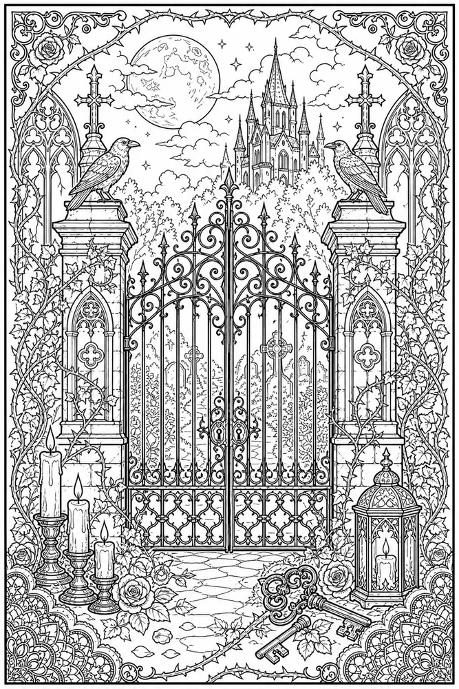 Gothic Adult Gothic Cemetery Gate printable coloring page