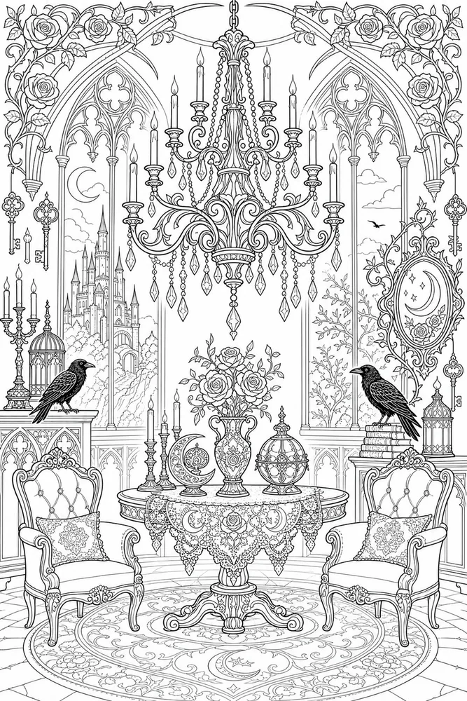 Gothic Adult Gothic Chandelier Room printable coloring page