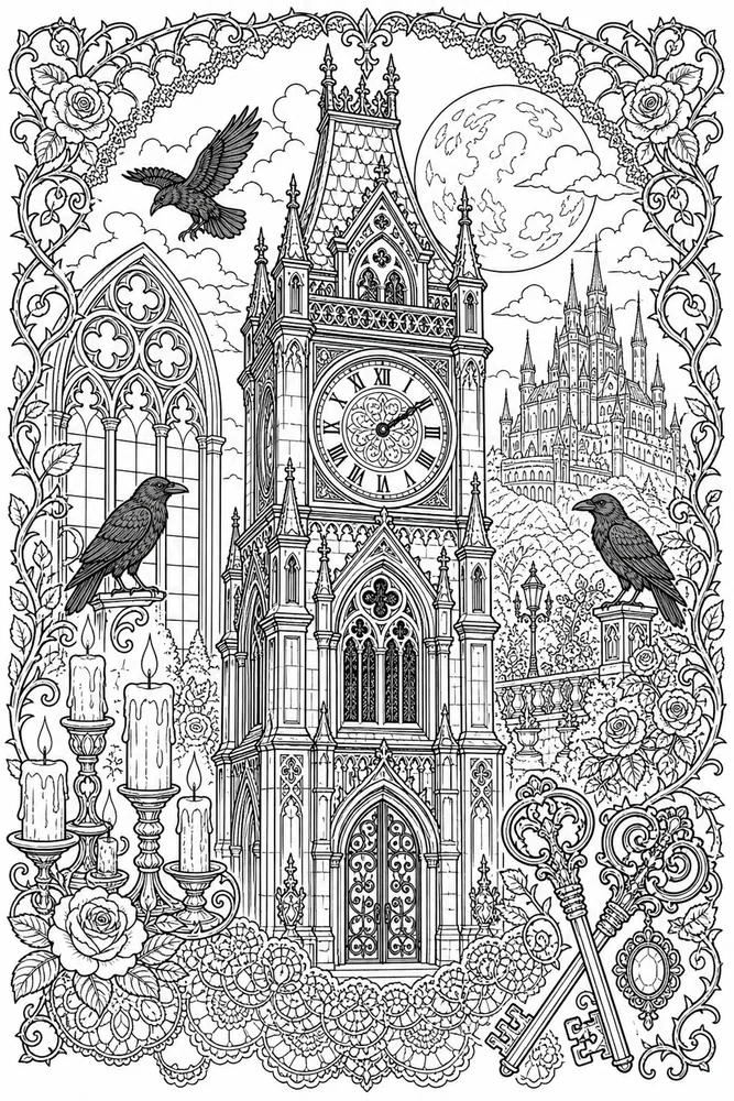 Gothic Adult Gothic Clock Tower printable coloring page