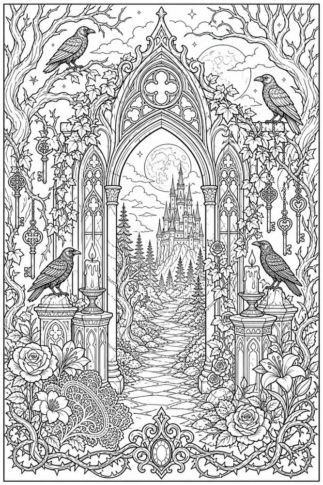 Gothic Adult Gothic Forest Arch printable coloring page