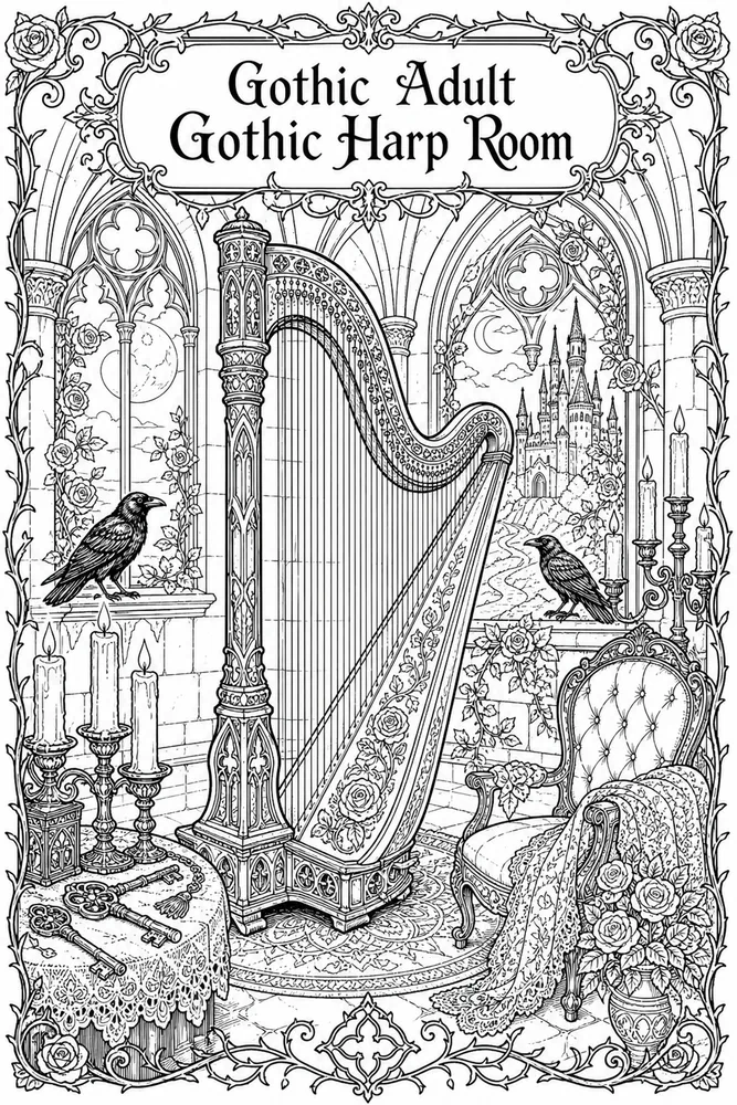 Gothic Adult Gothic Harp Room printable coloring page