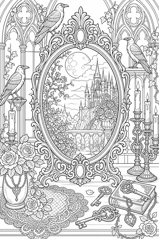 Gothic Adult Gothic Mirror Scene printable coloring page