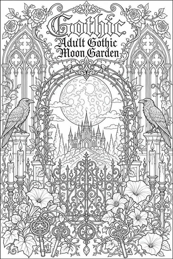 Gothic Adult Gothic Moon Garden printable coloring page