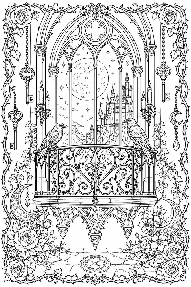 Gothic Adult Gothic Night Balcony printable coloring page