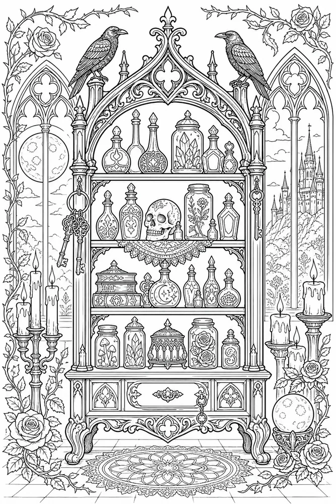Gothic Adult Gothic Potion Shelf printable coloring page