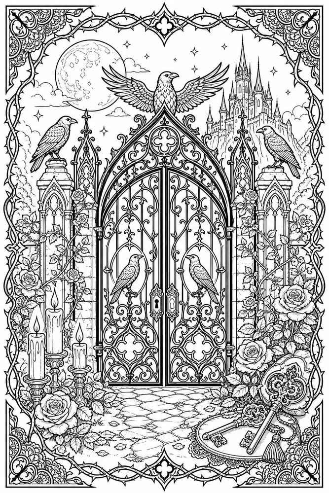 Gothic Adult Gothic Raven Gate printable coloring page