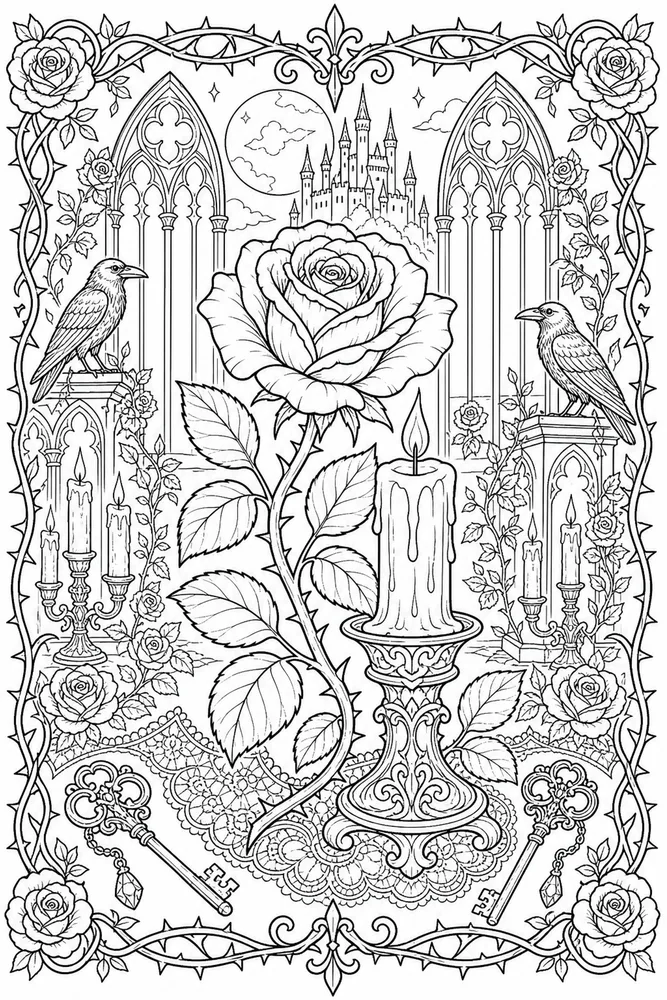 Gothic Adult Gothic Rose And Candle printable coloring page