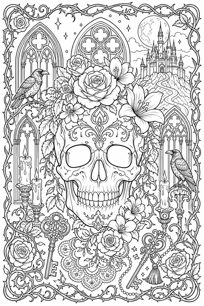 Gothic Adult Gothic Skull Flowers printable coloring page
