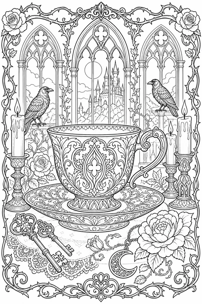 Gothic Adult Gothic Teacup Still Life printable coloring page