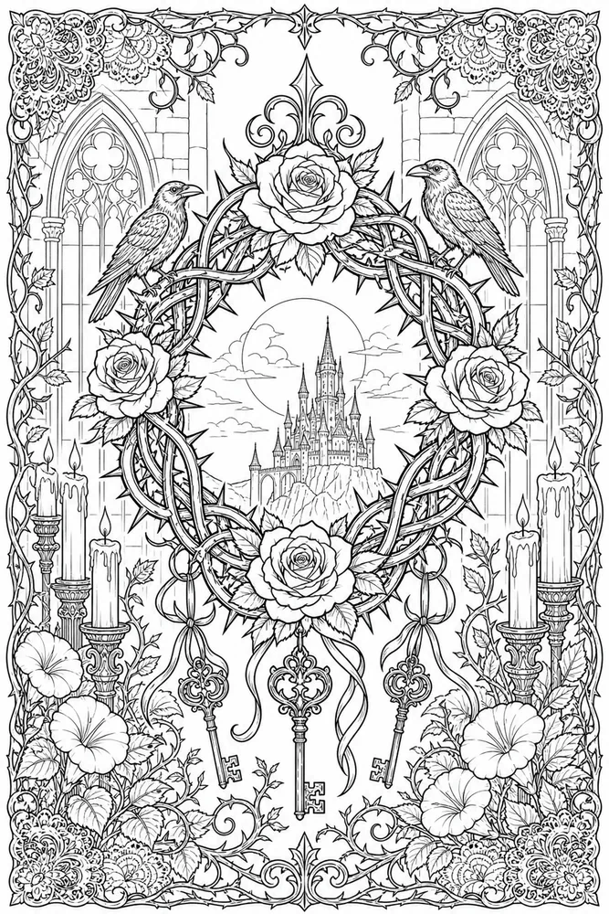 Gothic Adult Gothic Thorn Wreath printable coloring page