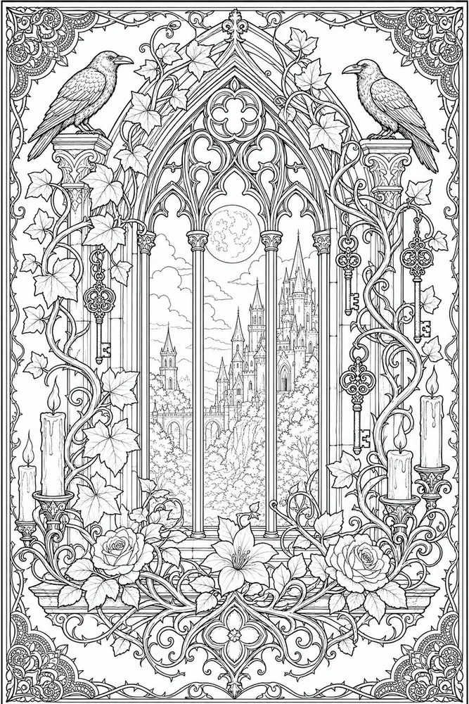 Gothic Adult Gothic Window Vines printable coloring page