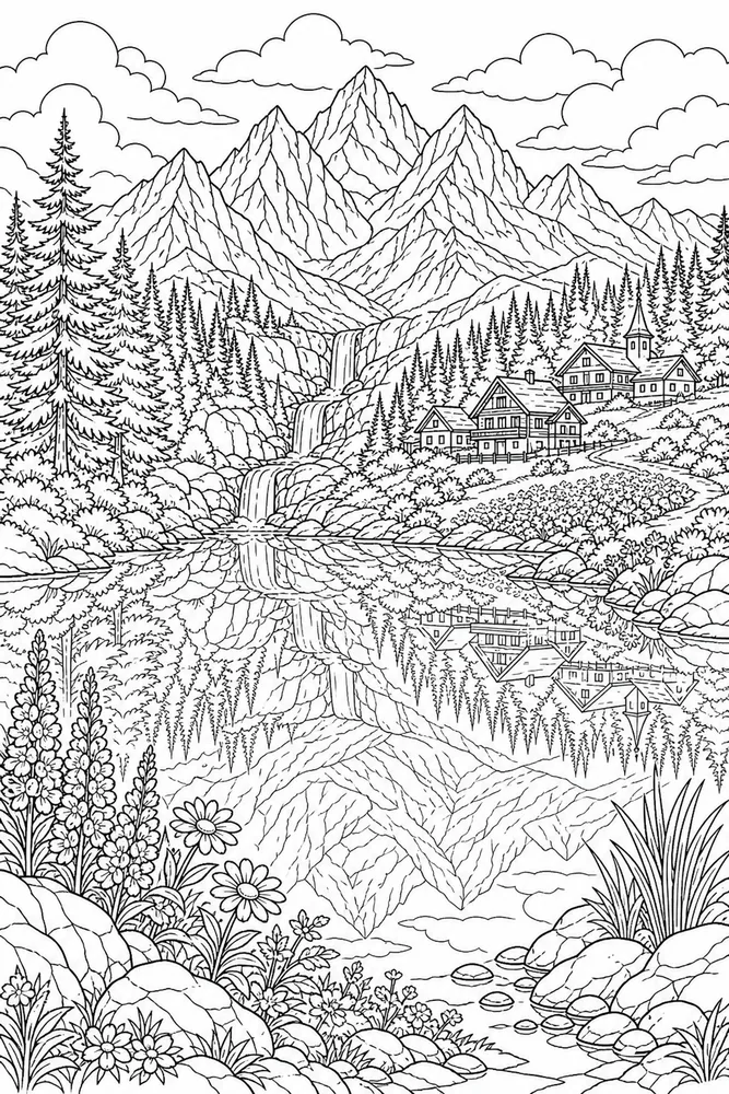 Landscape Adult Alpine Lake Reflection printable coloring page