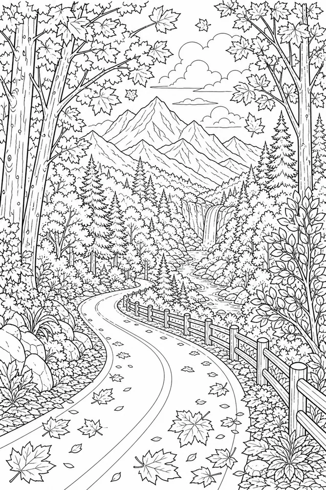 Landscape Adult Autumn Forest Road printable coloring page