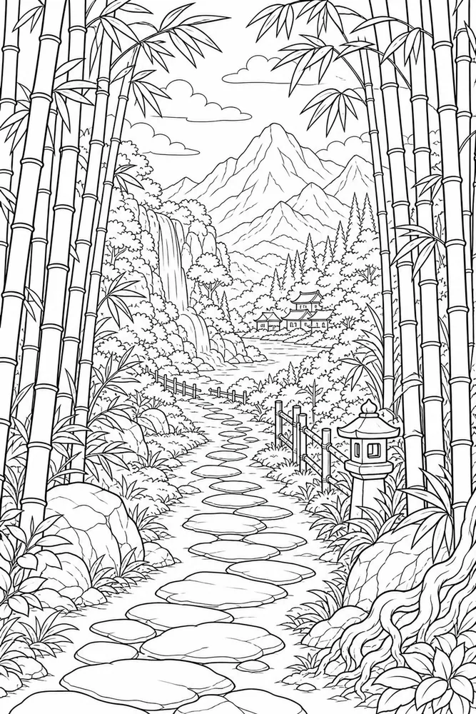 Landscape Adult Bamboo Forest Path printable coloring page