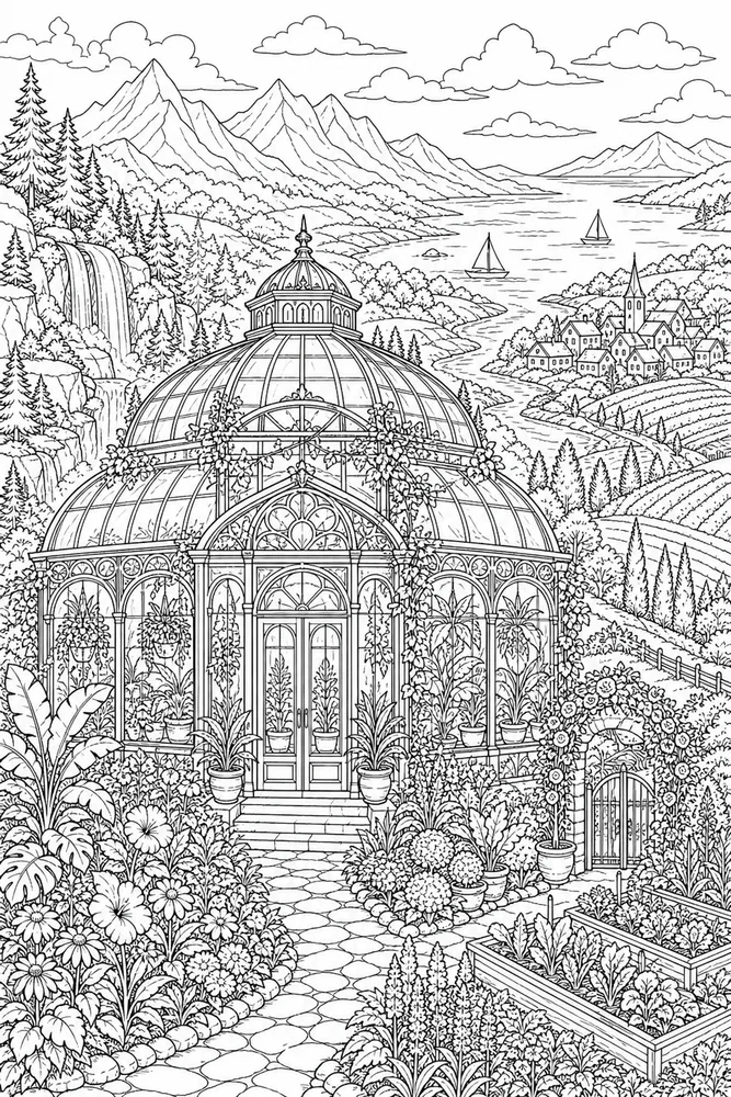Landscape Adult Botanical Greenhouse printable coloring page