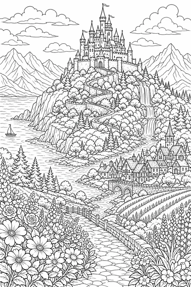Landscape Adult Castle Hill Landscape printable coloring page
