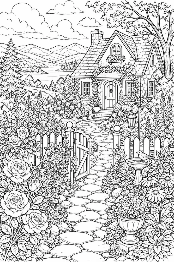 Landscape Adult Cottage Garden Path printable coloring page