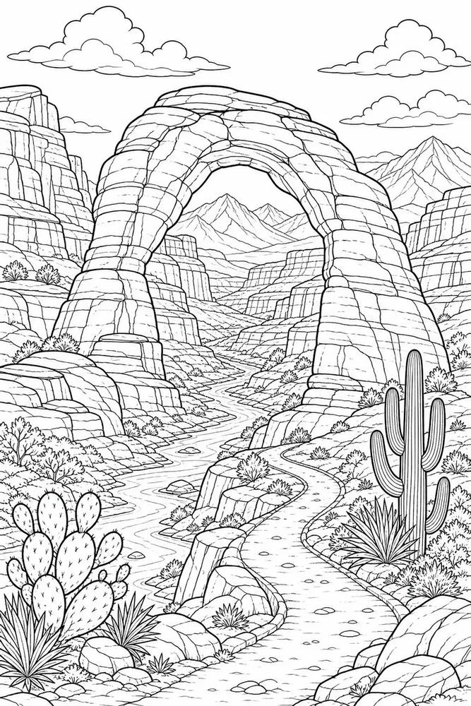 Landscape Adult Desert Canyon Arch printable coloring page