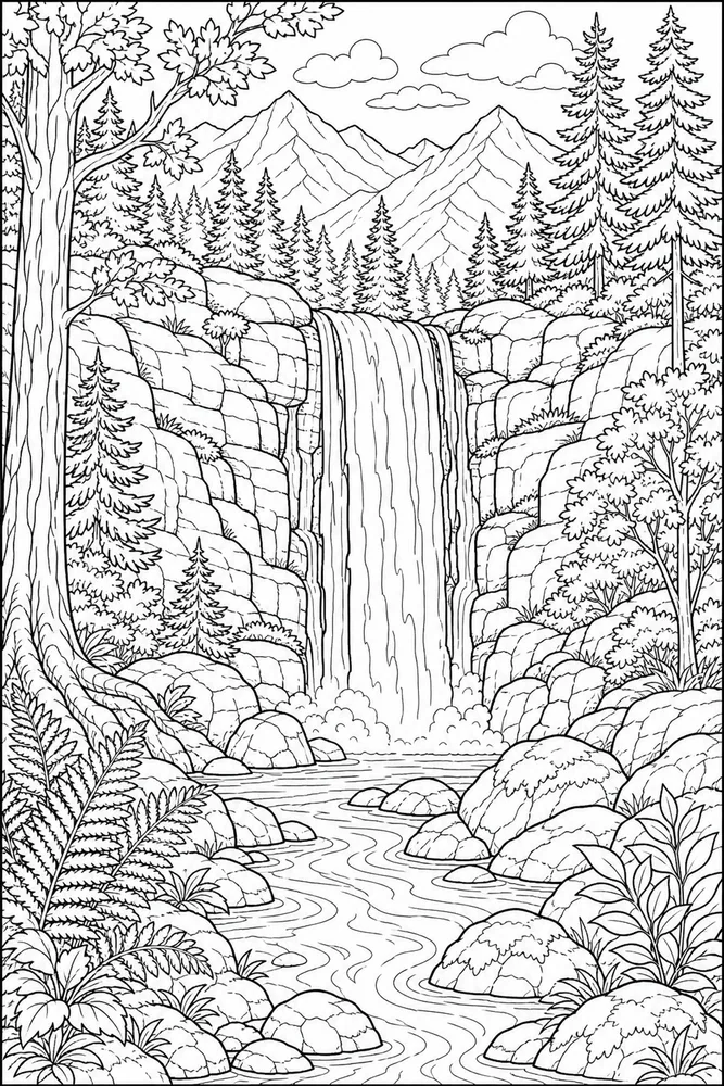 Landscape Adult Forest Waterfall printable coloring page