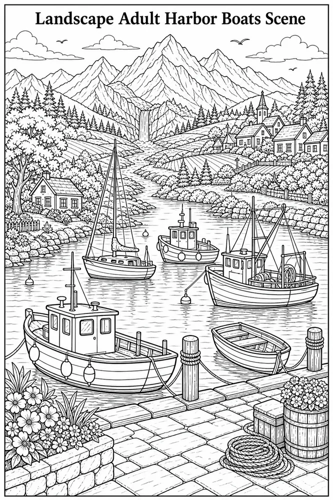 Landscape Adult Harbor Boats Scene printable coloring page