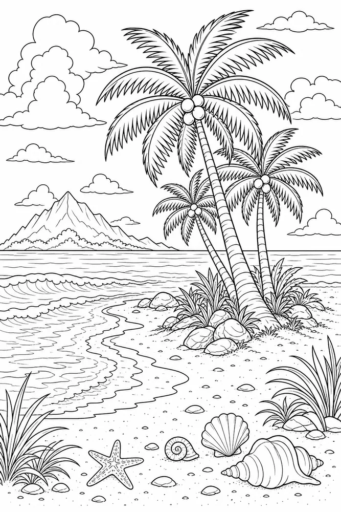 Landscape Adult Island Beach Palms printable coloring page