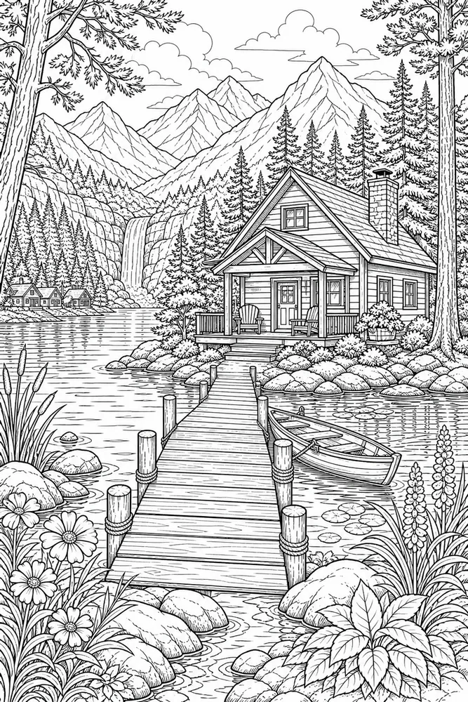 Landscape Adult Lake Cabin Dock printable coloring page