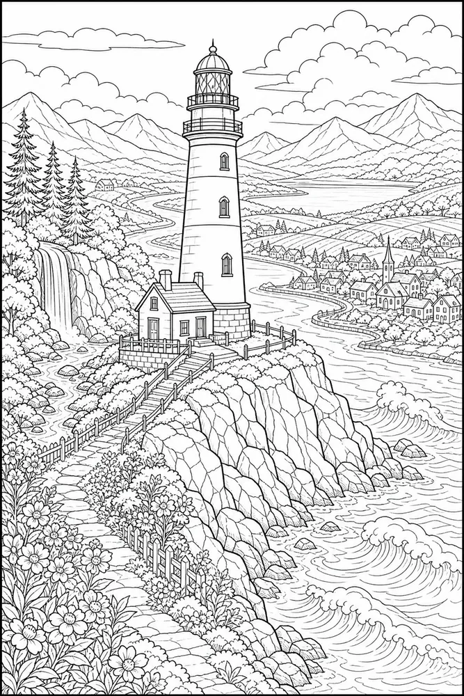 Landscape Adult Lighthouse Coast printable coloring page