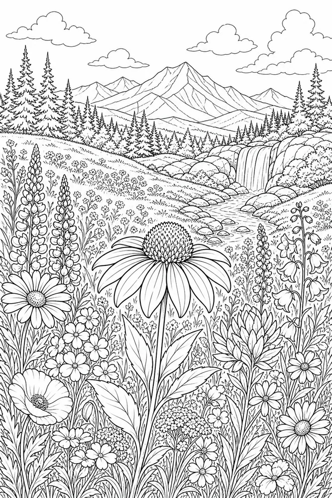 Landscape Adult Meadow Wildflowers printable coloring page