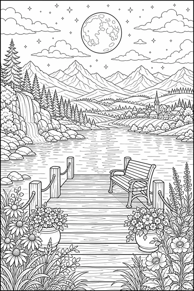 Landscape Adult Moonlit Lake Pier printable coloring page