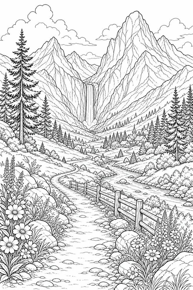 Landscape Adult Mountain Valley Trail printable coloring page