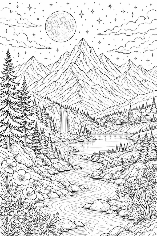 Landscape Adult Night Sky Mountains printable coloring page