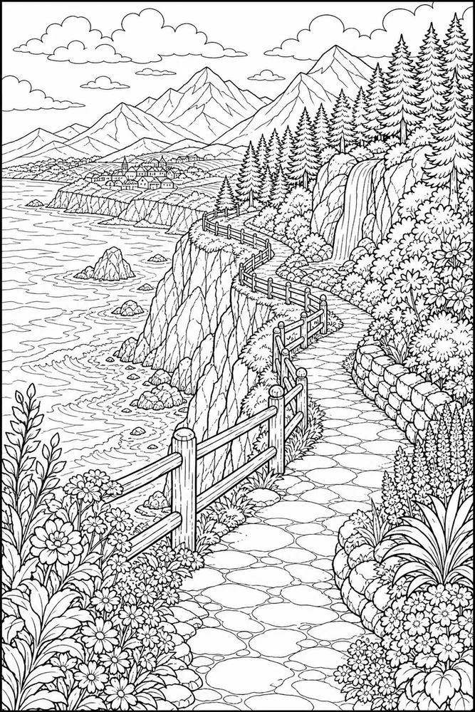Landscape Adult Ocean Cliff Path printable coloring page