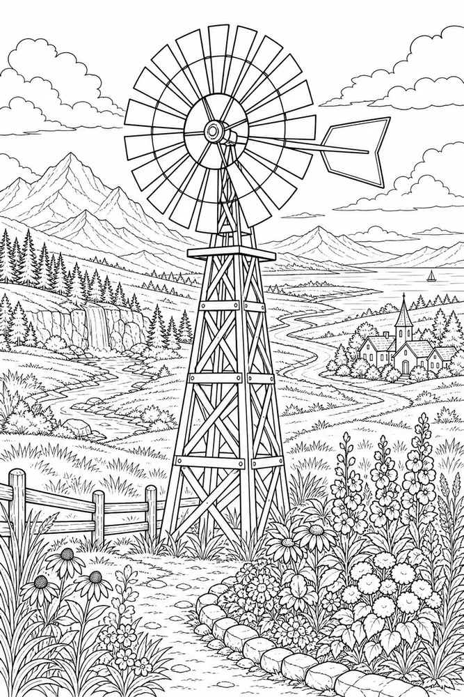 Landscape Adult Prairie Windmill printable coloring page