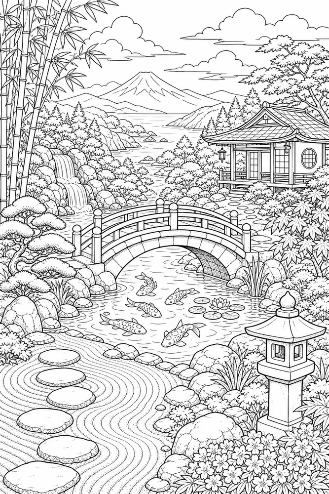 Landscape Adult Quiet Japanese Garden printable coloring page