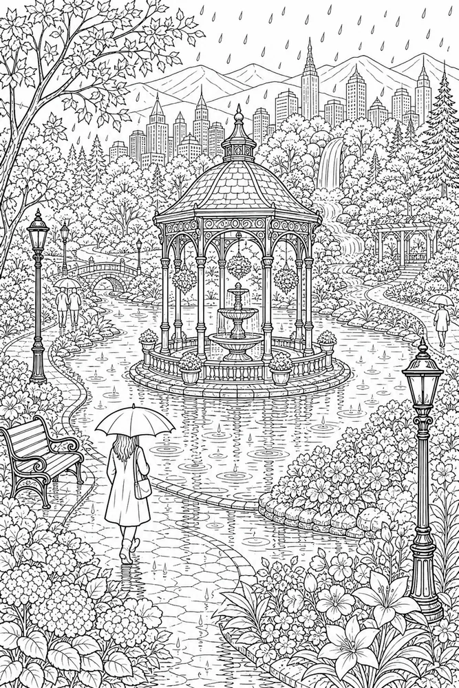Landscape Adult Rainy City Park printable coloring page