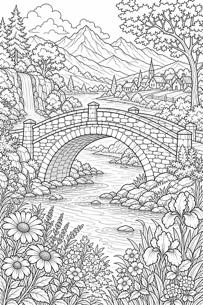 Landscape Adult River Stone Bridge printable coloring page