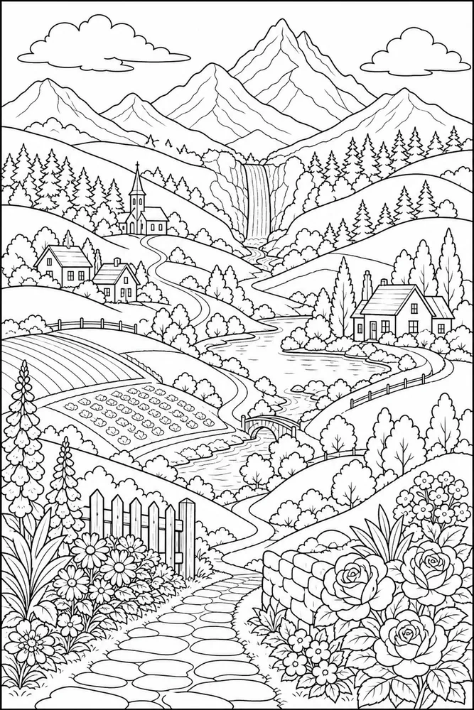 Landscape Adult Rolling Countryside Hills printable coloring page