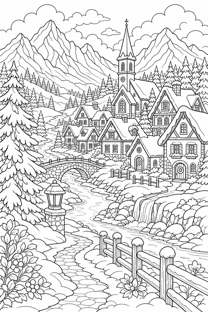 Landscape Adult Snowy Village Landscape printable coloring page