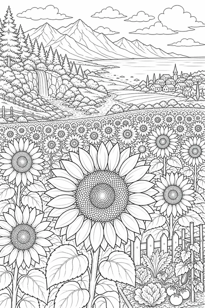 Landscape Adult Sunflower Field printable coloring page