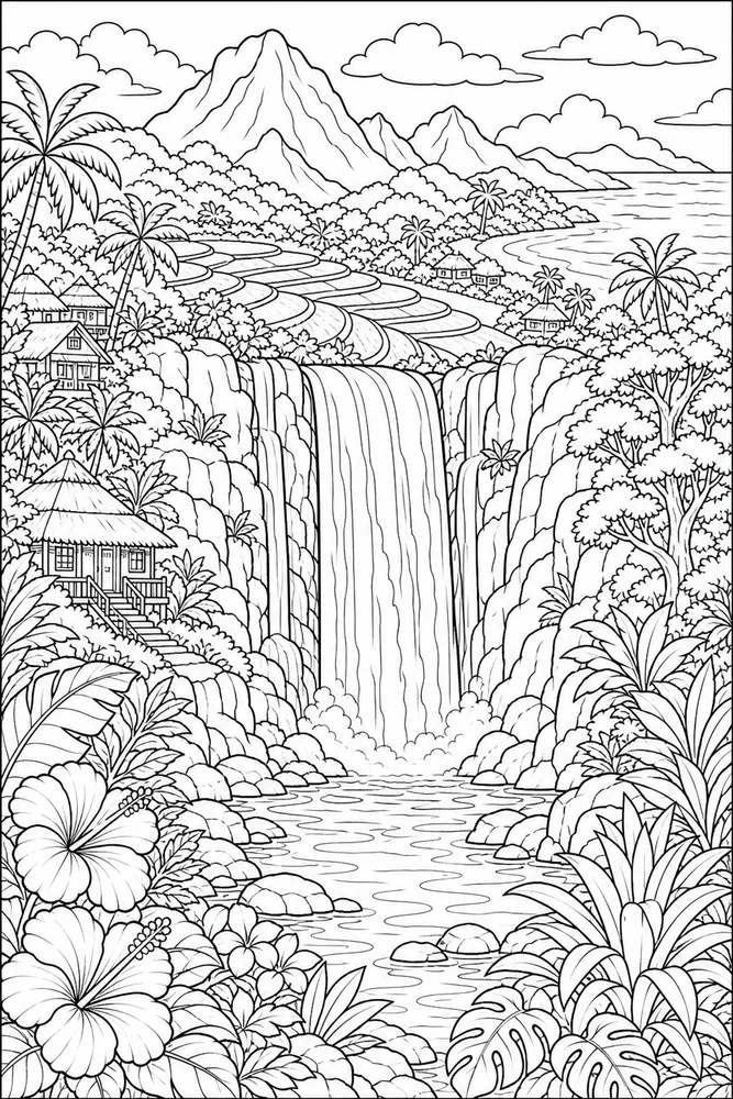 Landscape Adult Tropical Waterfall printable coloring page