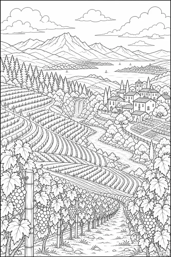 Landscape Adult Vineyard Hills printable coloring page