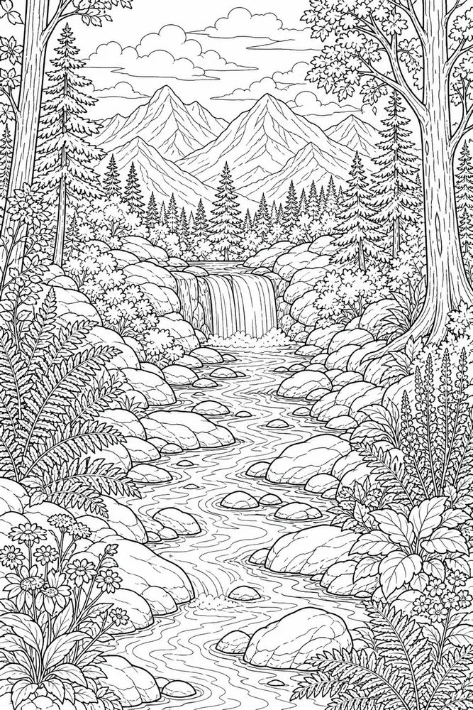 Landscape Adult Woodland Stream printable coloring page
