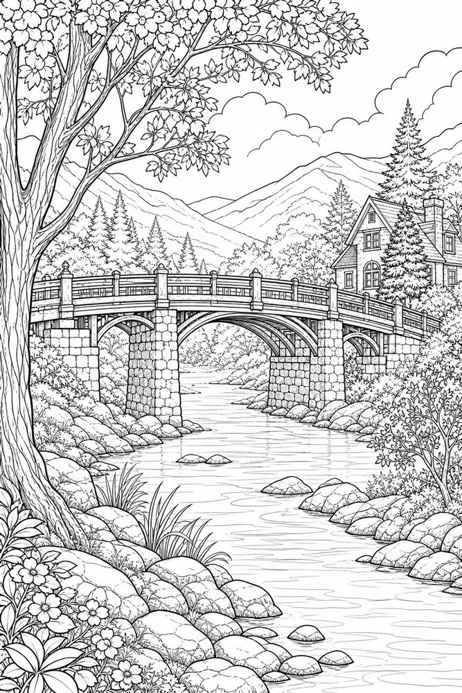 Realistic Adult Adult Realistic Landscape with Bridge printable coloring page