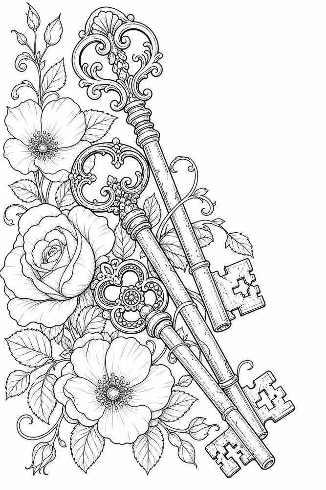 Realistic Adult Antique Keys and Flowers printable coloring page