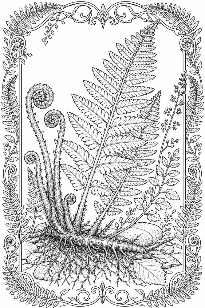 Realistic Adult Botanical Fern Study printable coloring page