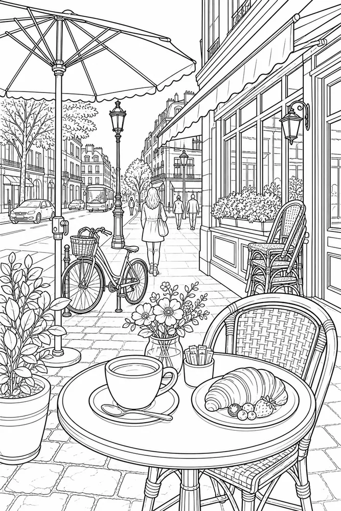 Realistic Adult City Street Cafe Scene printable coloring page