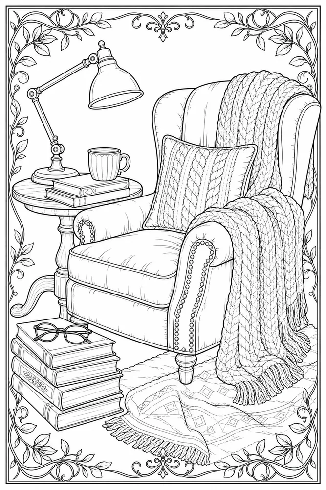 Realistic Adult Cozy Reading Chair Still Life printable coloring page